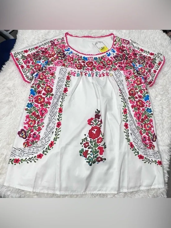 White Floral Embroidered Print Peasant Blouse with Pink & Red Flowers - Picture 1 of 3